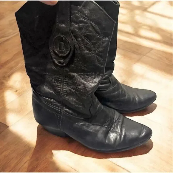 Vintage Laredo Black Leather Cowboy Western Boots 7.5 Pointed - Picture 2 of 7